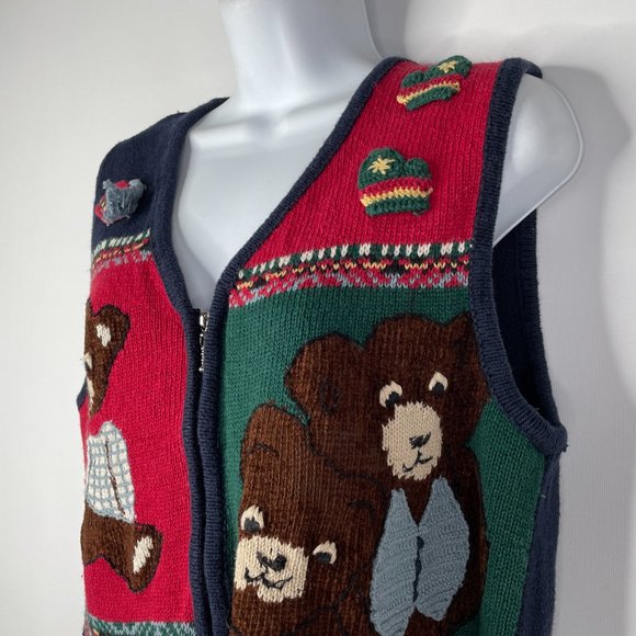 Vintage 90s Capacity Teddy Bear Sweater Vest Size M Red Blue Patchwork Zip Up - Picture 6 of 8